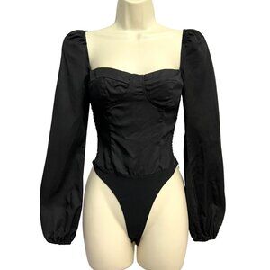 Lani The Label Bodysuit Womens Extra Small Black Puff L/S Square Neck Smocked